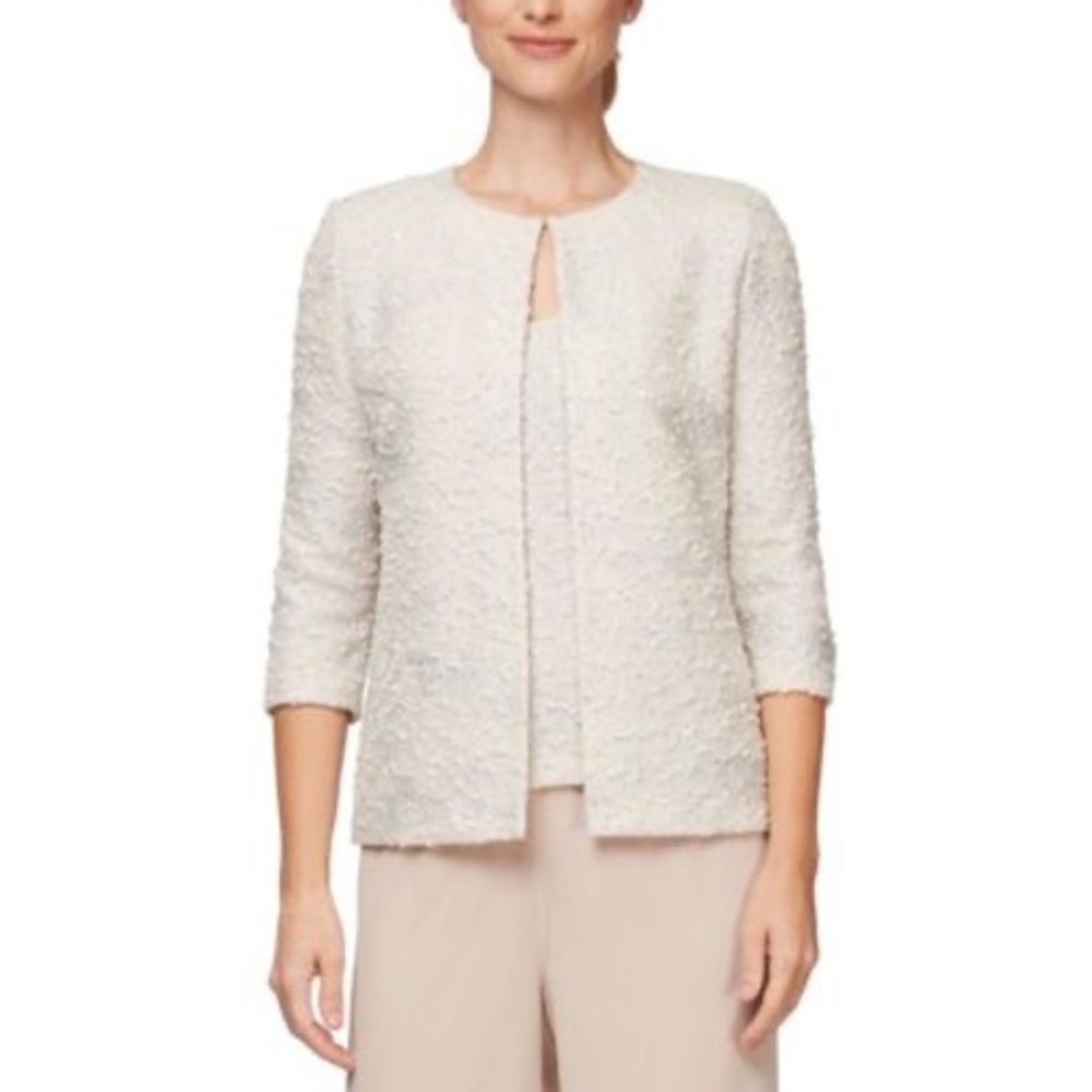 Alex Evenings‎ Taupe Sequin Textured Open Front Jacket  L NWT